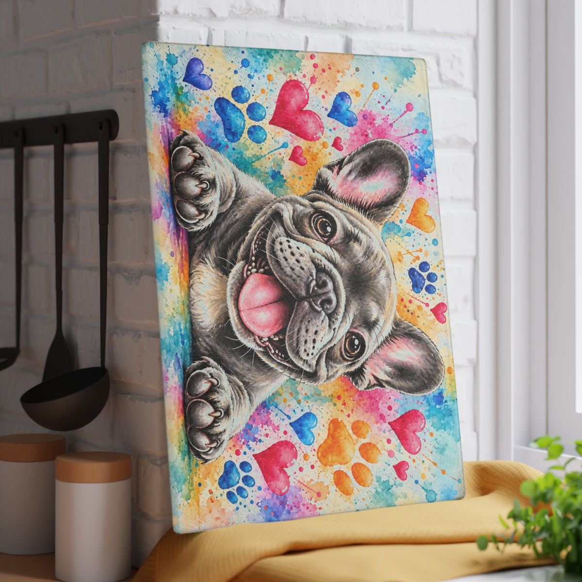 Adorable French Bulldog Tempered Glass Cutting Board – Colorful Watercolor Puppy with Hearts and Paw Prints – 11 × 15 Inches
