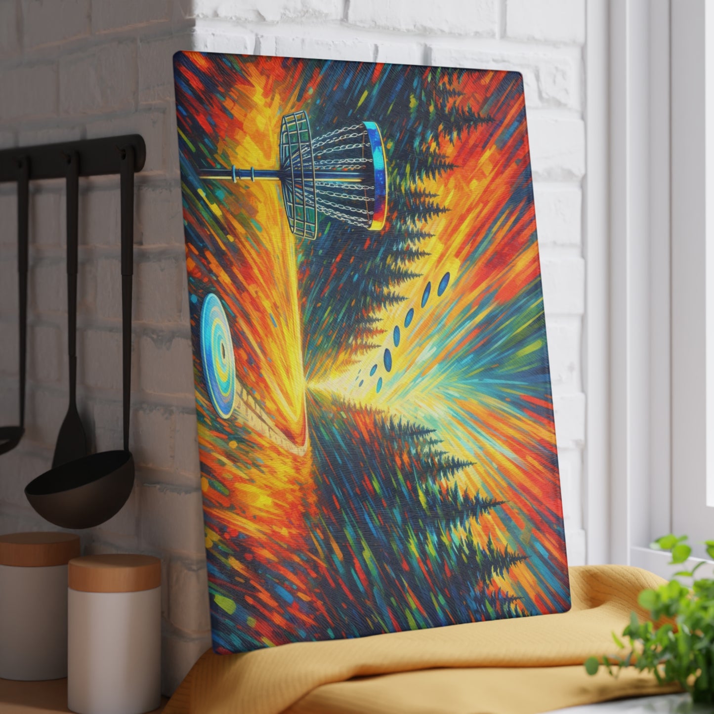 Disc Golf Basket Sunset Glass Cutting Board – Colorful Outdoor Sports Artwork