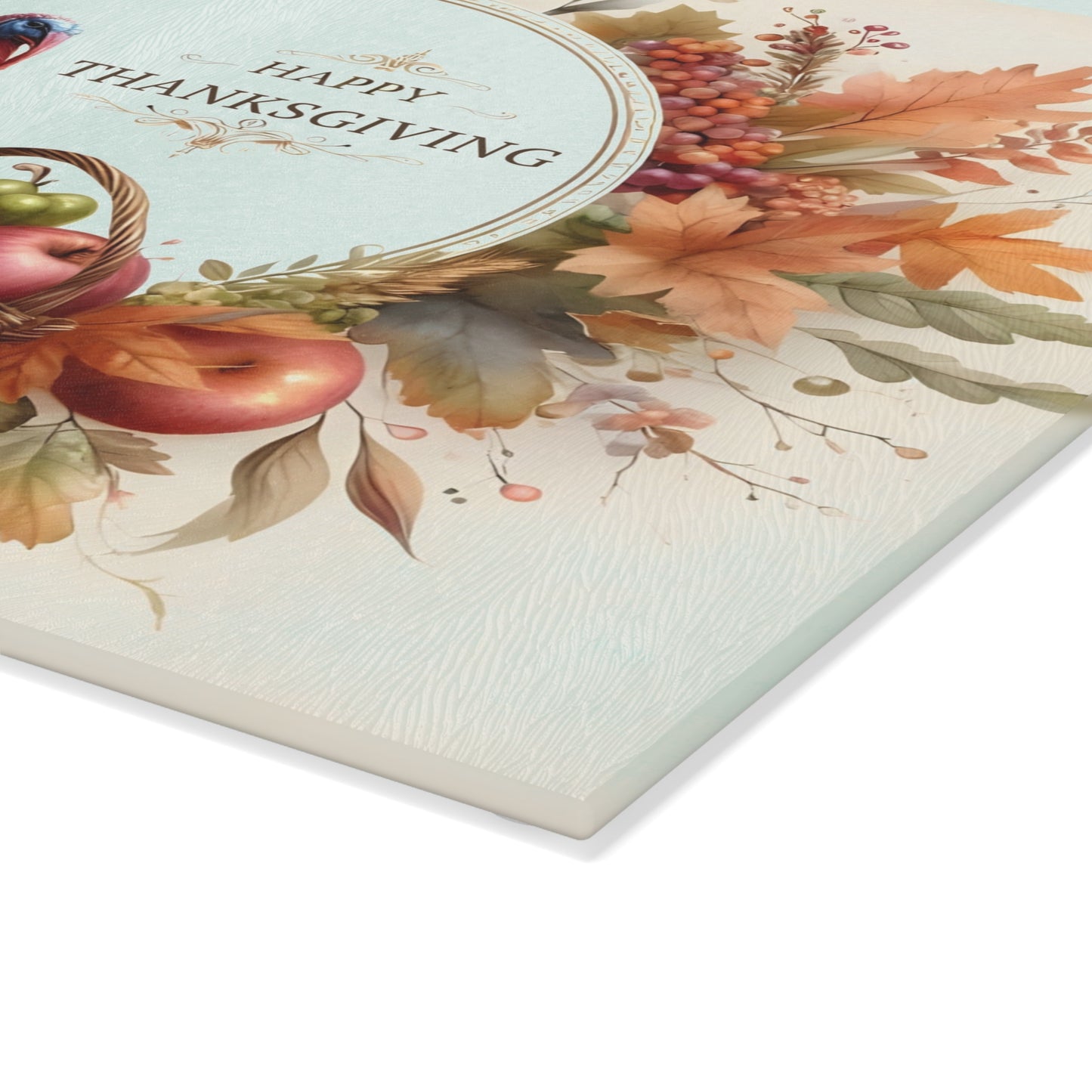 🦃🍁 “Happy Thanksgiving” Turkey & Harvest Basket Glass Cutting Board – Elegant Fall Décor ✨🌾