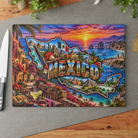 Mexico Map Cutting Board – Colorful Mexican Landmarks, Tropical Beaches, Mayan Pyramids, Mexican Flag & Kitchen Décor