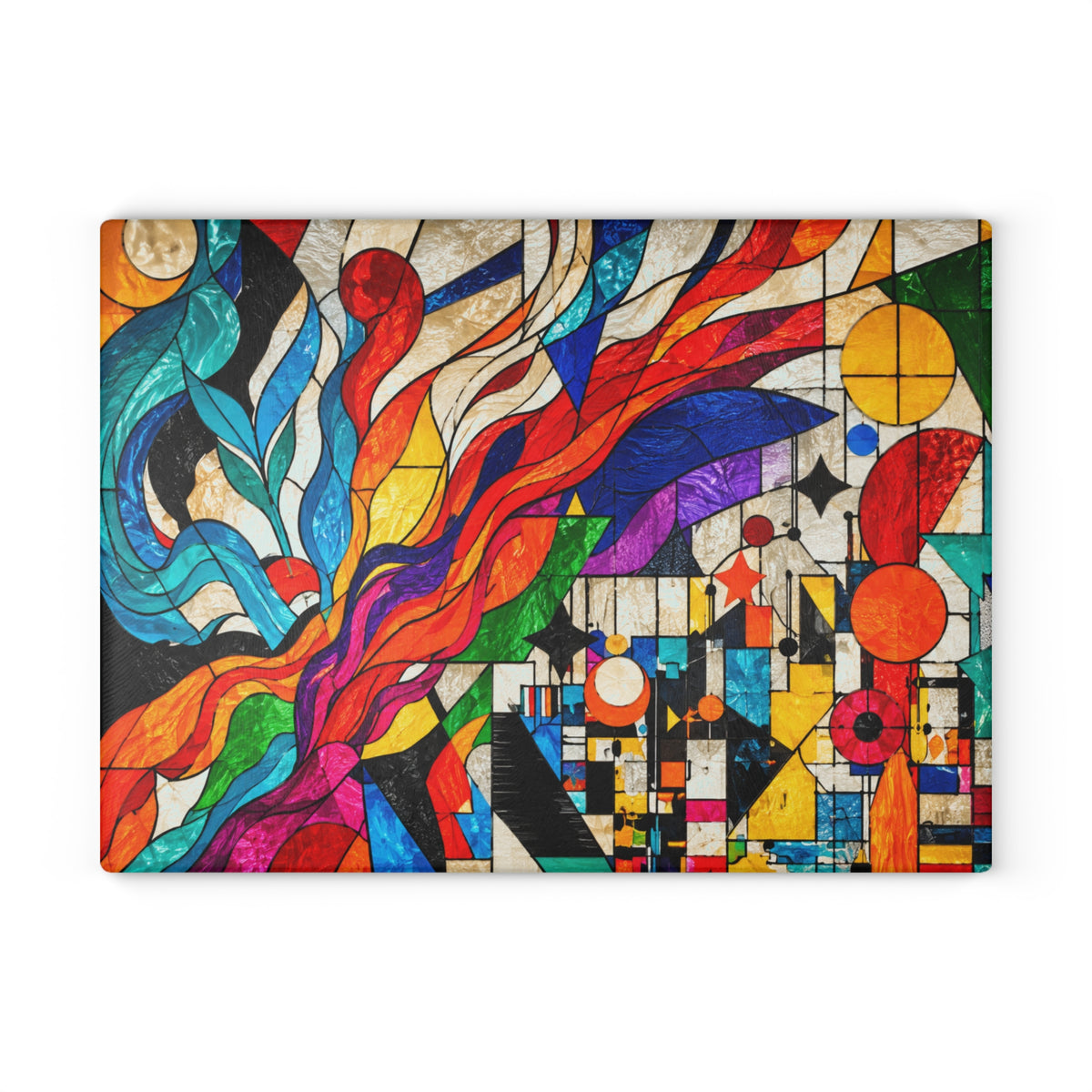 Colorful Abstract Stained-Glass-Look Glass Cutting Board – Modern Geometric Kitchen Decor
