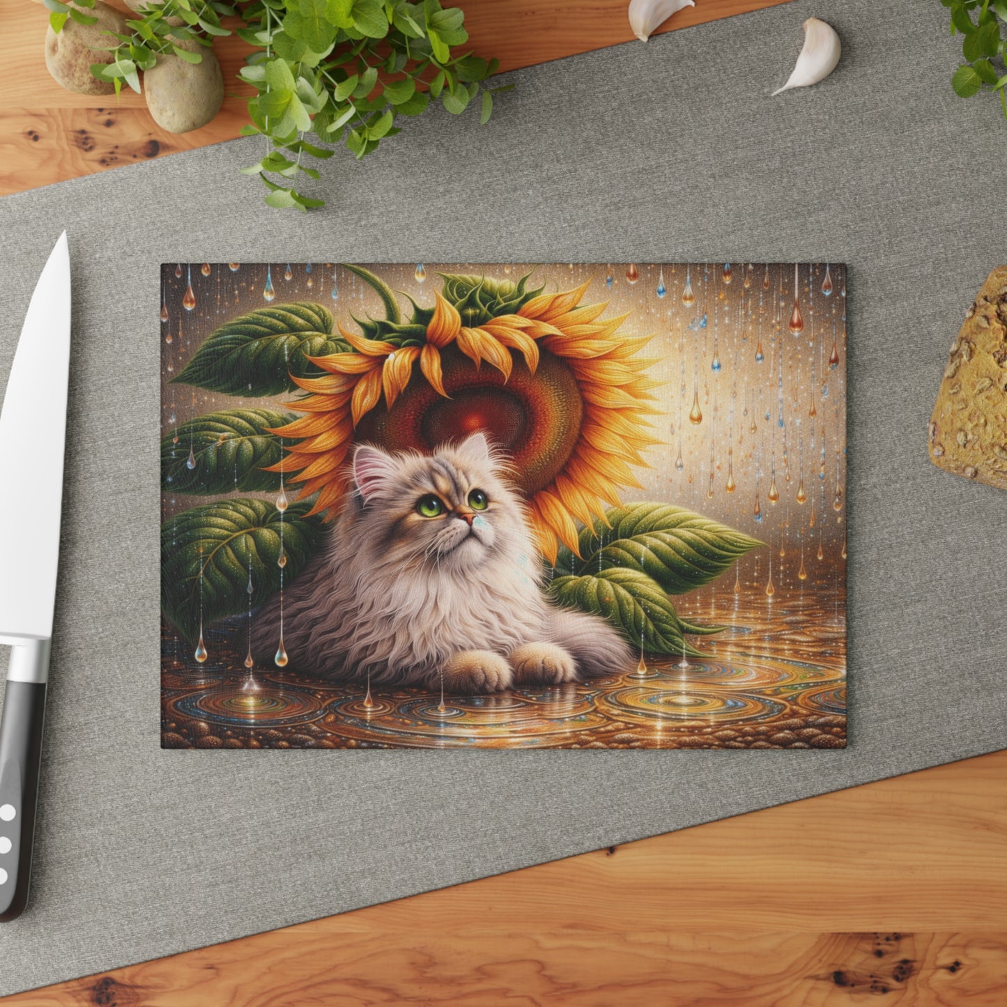 Sunflower Rain Cat Glass Cutting Board – Whimsical Floral Cat Kitchen Art & Display Board