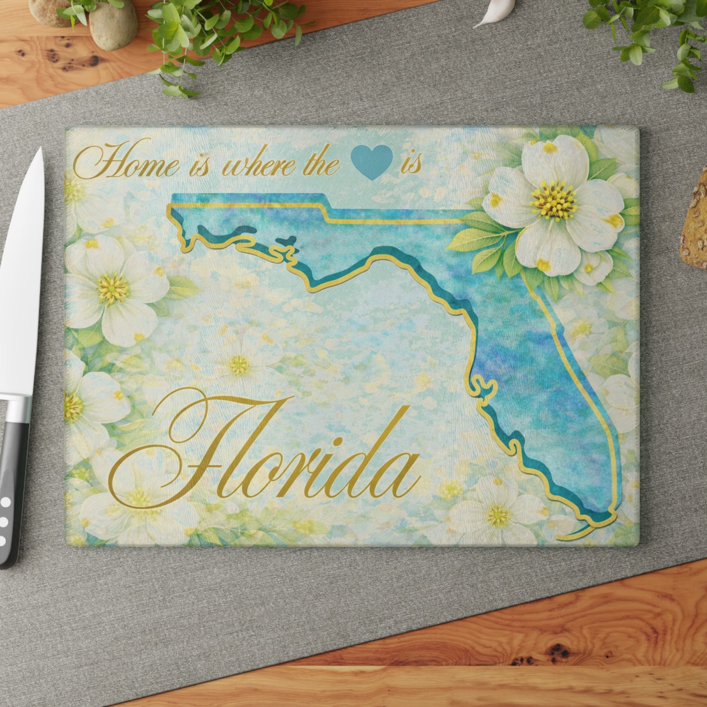 Florida State Flower Glass Cutting Board – Home Is Where the Heart Is Florida Kitchen Decor