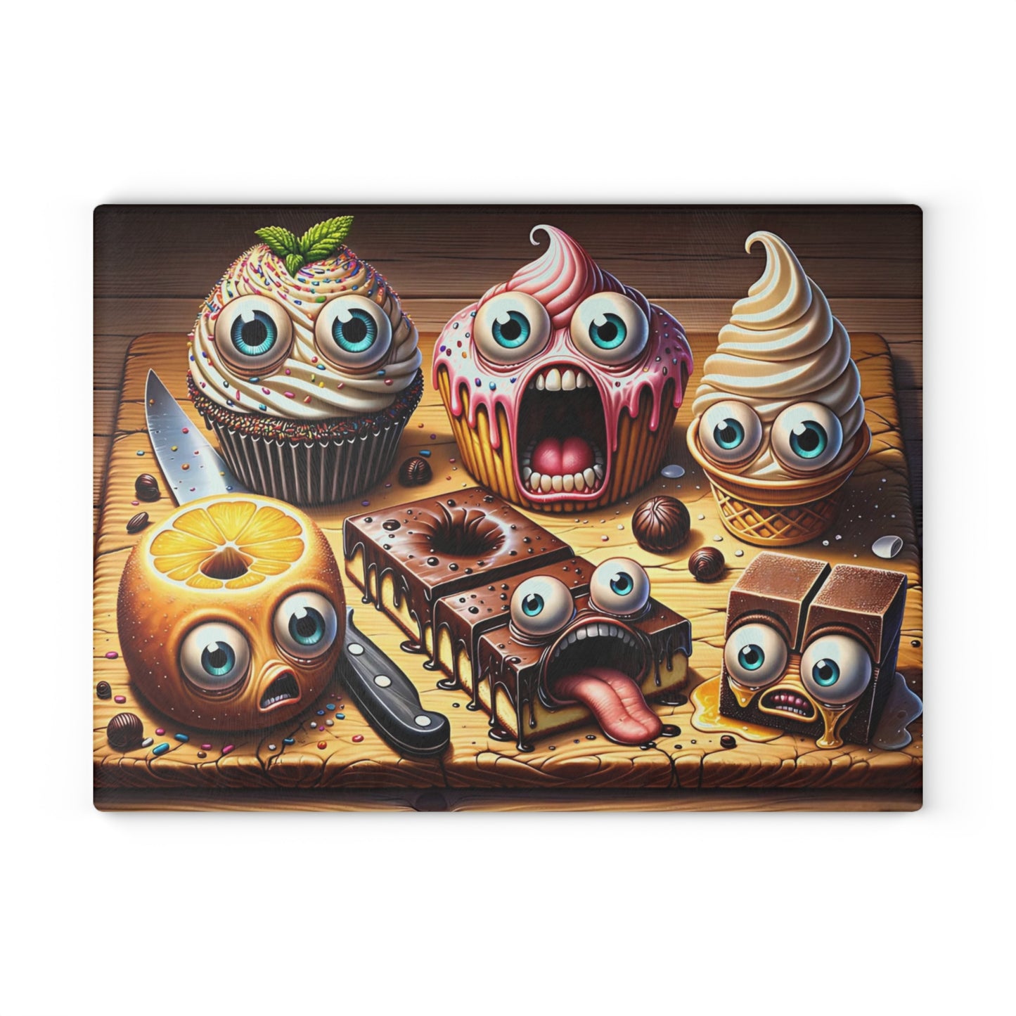 🍰🤣 “Sweet Squad Shenanigans” Glass Cutting Board – Fun Dessert Vibes for Your Kitchen