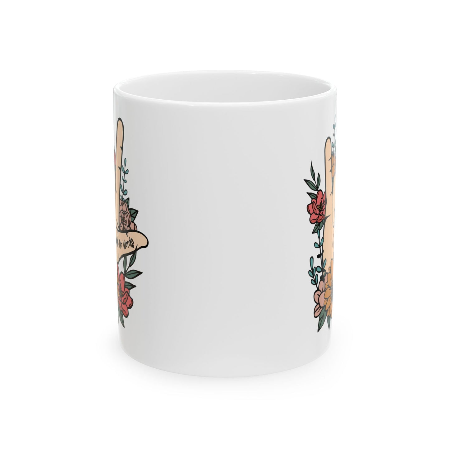 💖 "El amor no necesita palabras" – Taza de mano en lenguaje de señas con un hermoso diseño floral 🌸