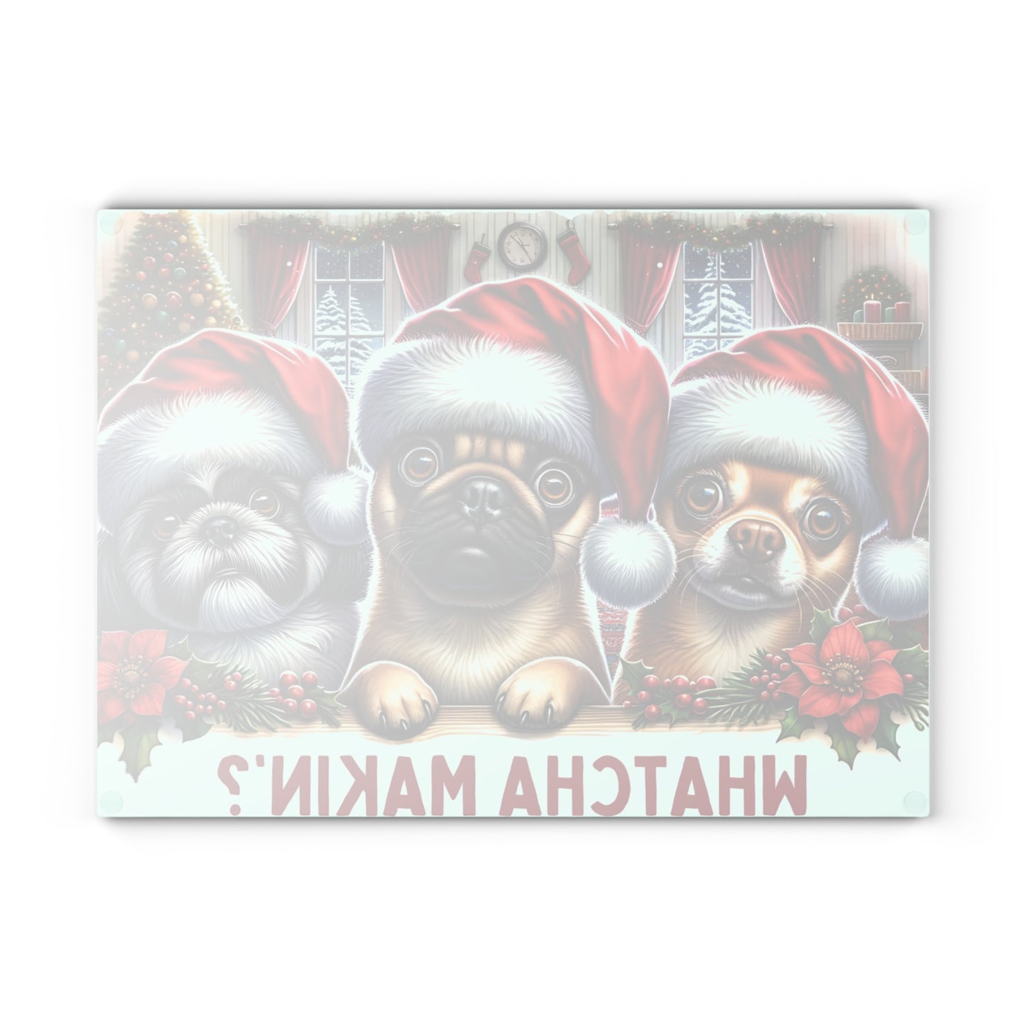 🐶🎄 “Whatcha Makin’?” Holiday Dogs Glass Cutting Board – Cozy Charm for Your Kitchen