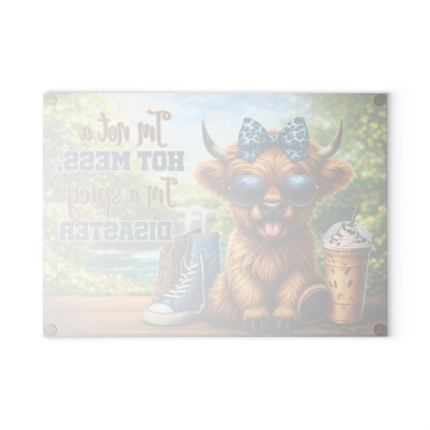 I’m Not a Hot Mess, I’m a Spicy Disaster Glass Cutting Board – Sassy Highland Cow Kitchen Artwork