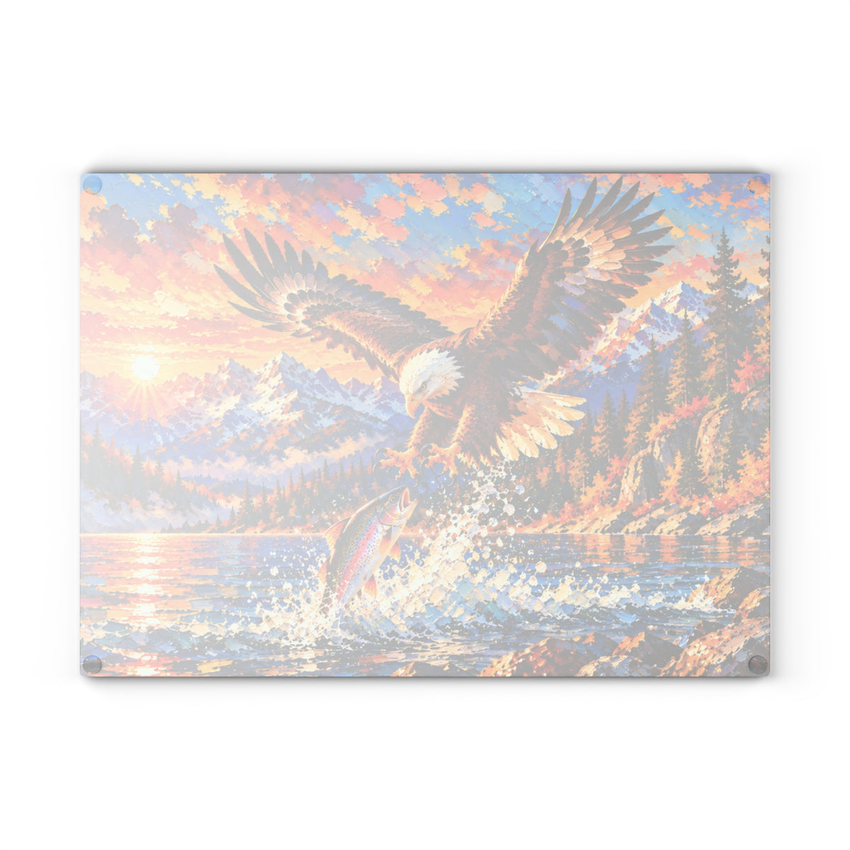 Majestic Bald Eagle & Leaping Trout – Colorful Mountain Sunset Tempered Glass Cutting Board – Wildlife & Nature Kitchen Decor