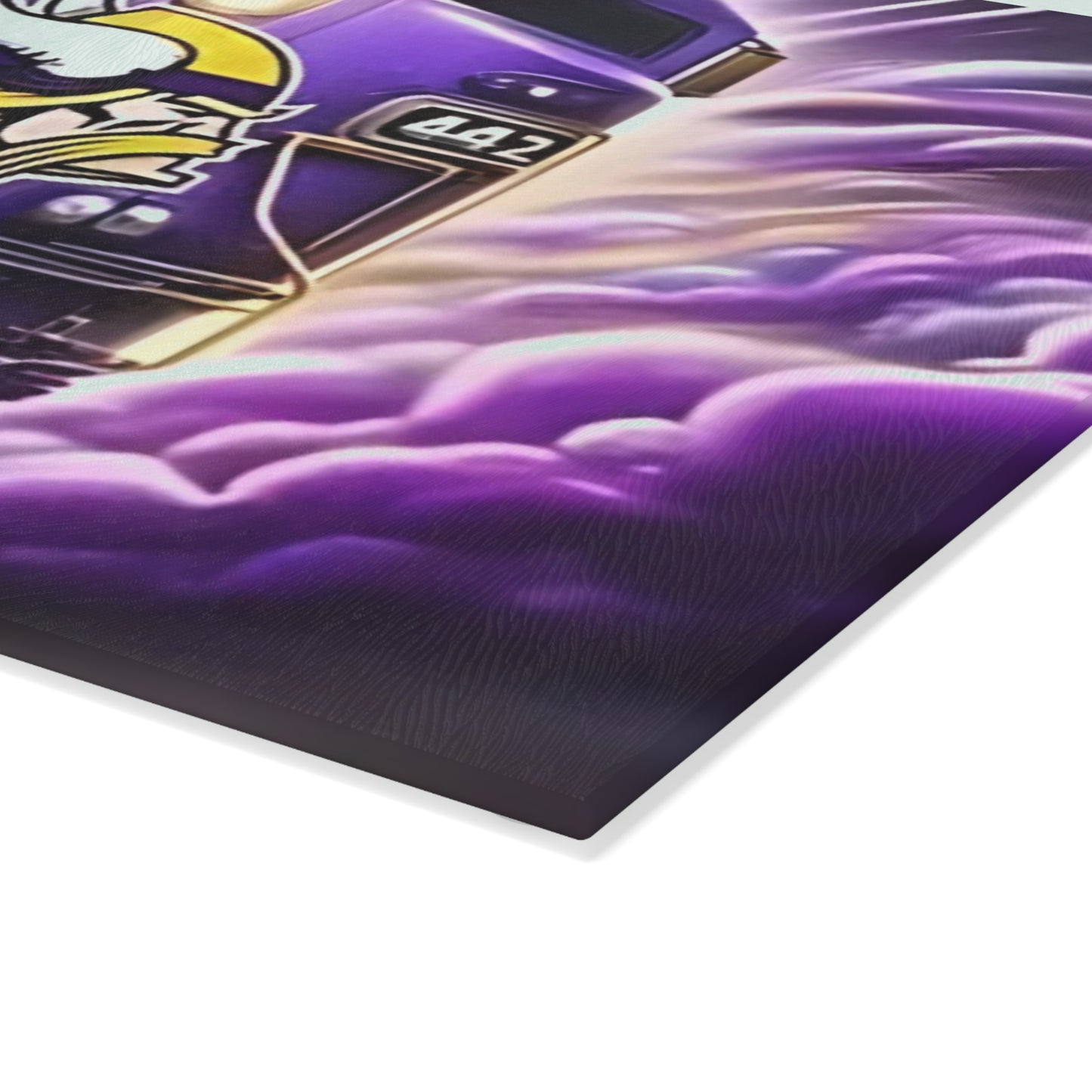 Purple & Gold Express Glass Cutting Board – Regal Train Design for Elegant Kitchens