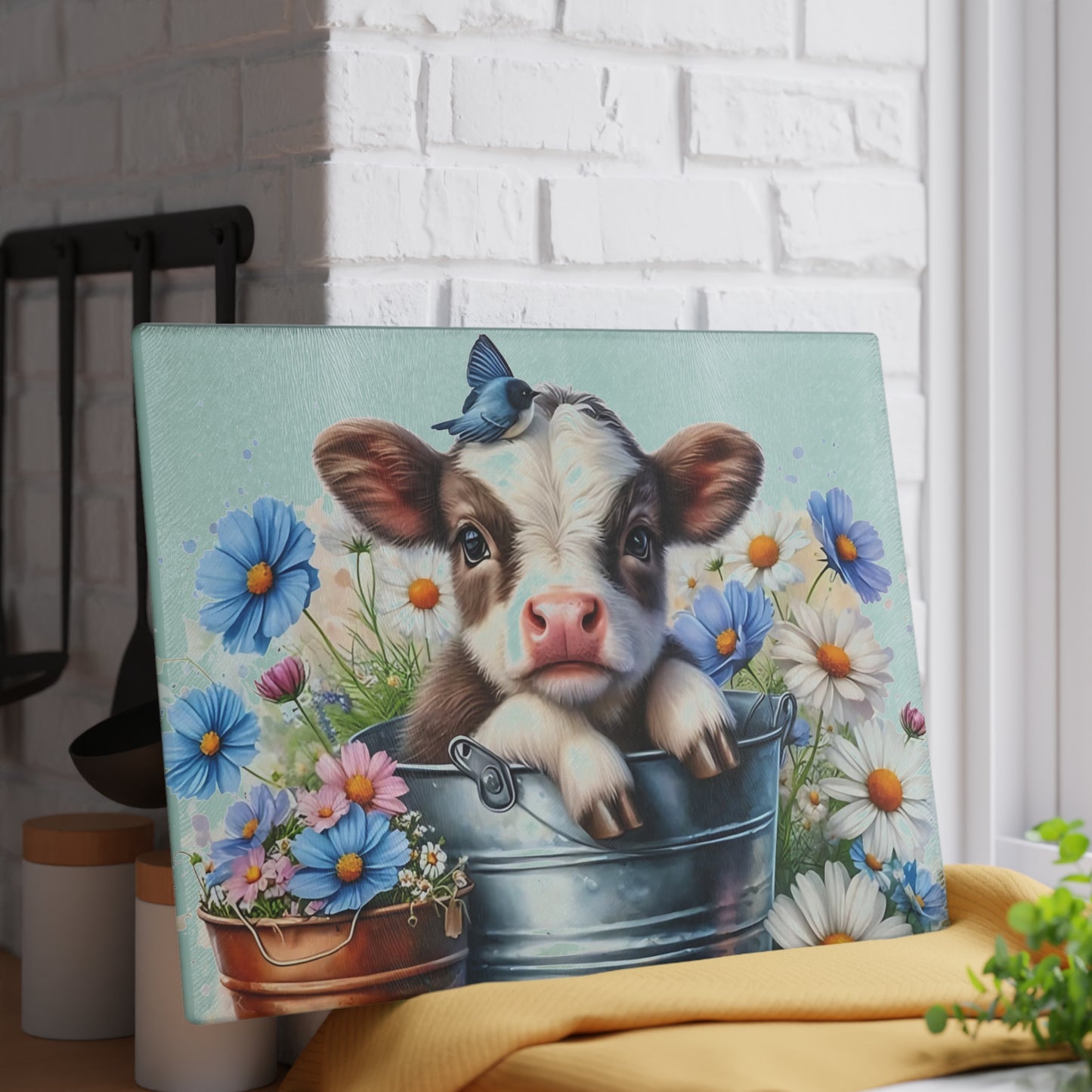 🐮 Baby Cow in Bucket with Blue Daisies Cutting Board – Farmhouse Charm for Your Kitchen 🌼