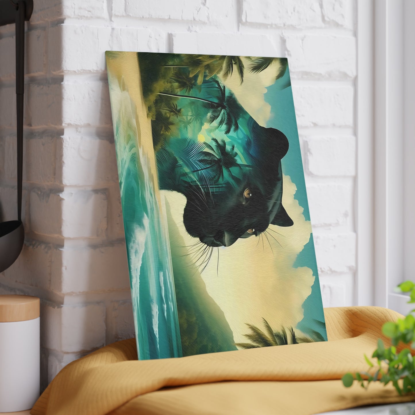 Tabla de cortar de vidrio con diseño de Pantera Negra y puesta de sol en la playa: decoración de cocina con un gato de la jungla místico