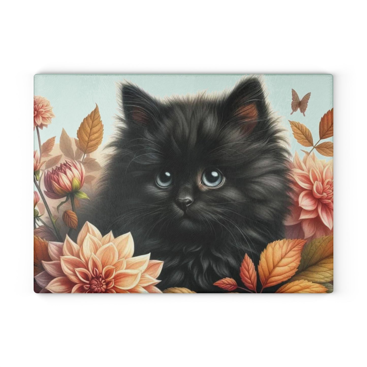 🐾 Autumn Kitten – Black Cat & Dahlia Art Tempered Glass Cutting Board