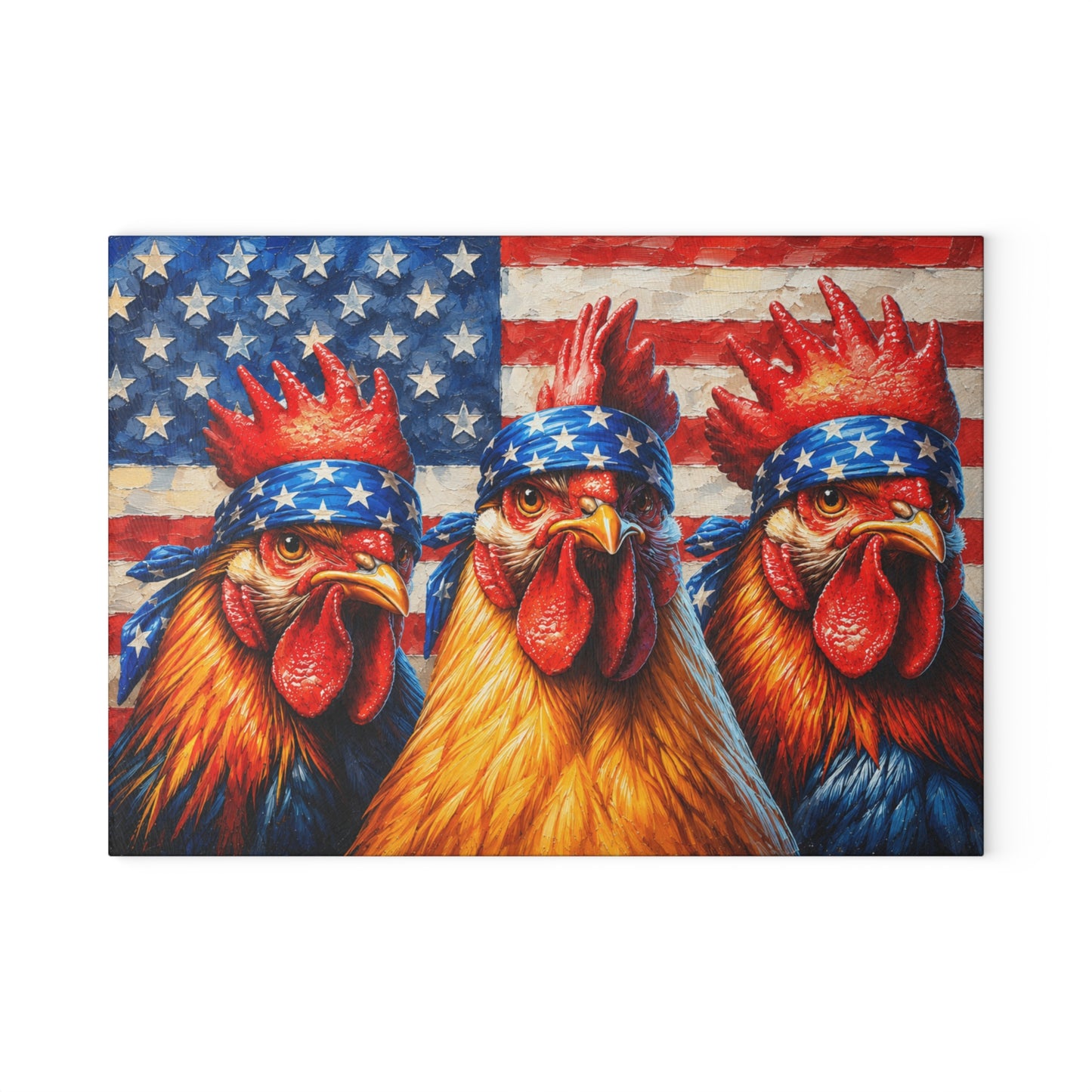 Patriotic Rooster Bandana Glass Cutting Board – Bold Farmhouse Americana Kitchen Décor