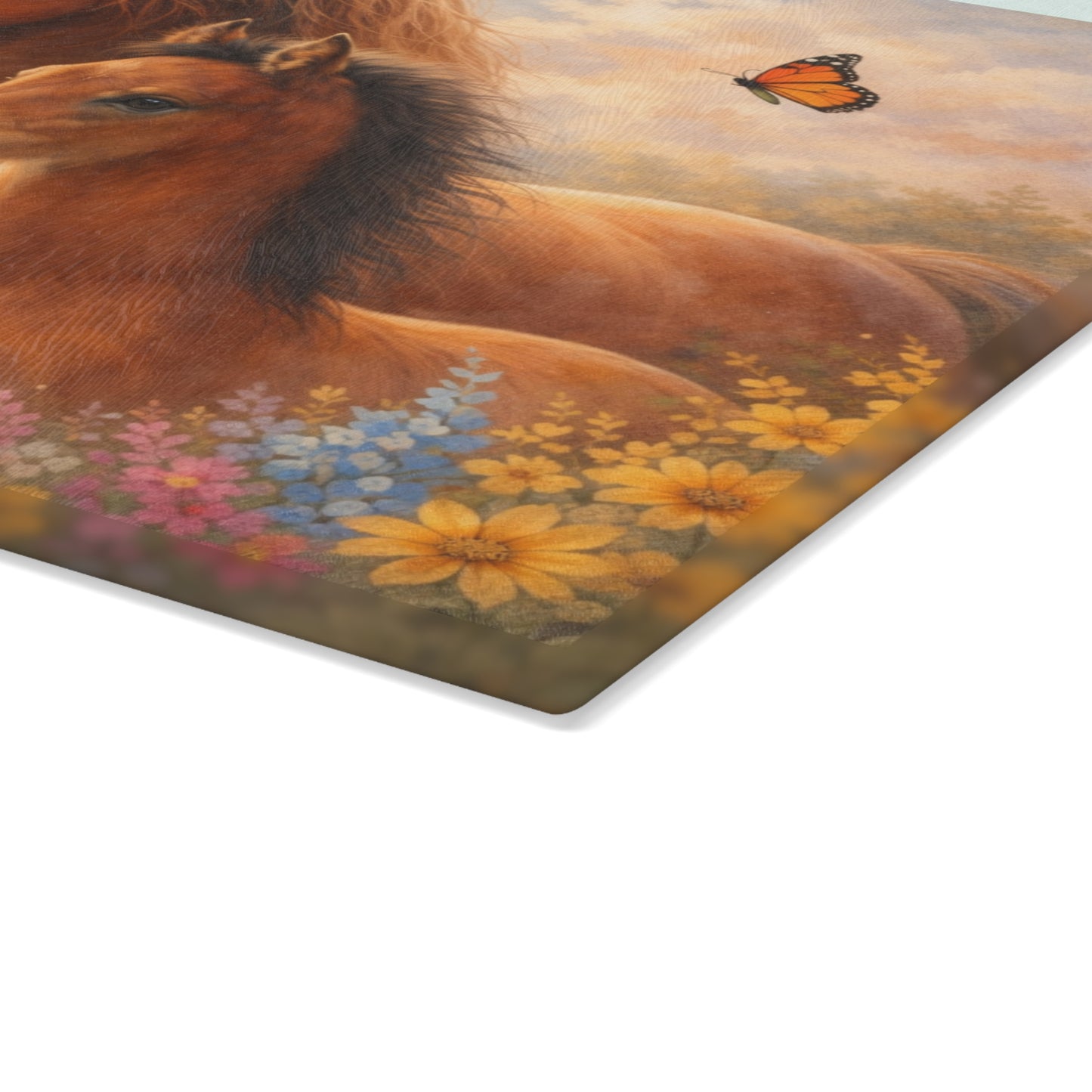 Mother and Foal Floral Glass Cutting Board – Rustic Country Kitchen Decor