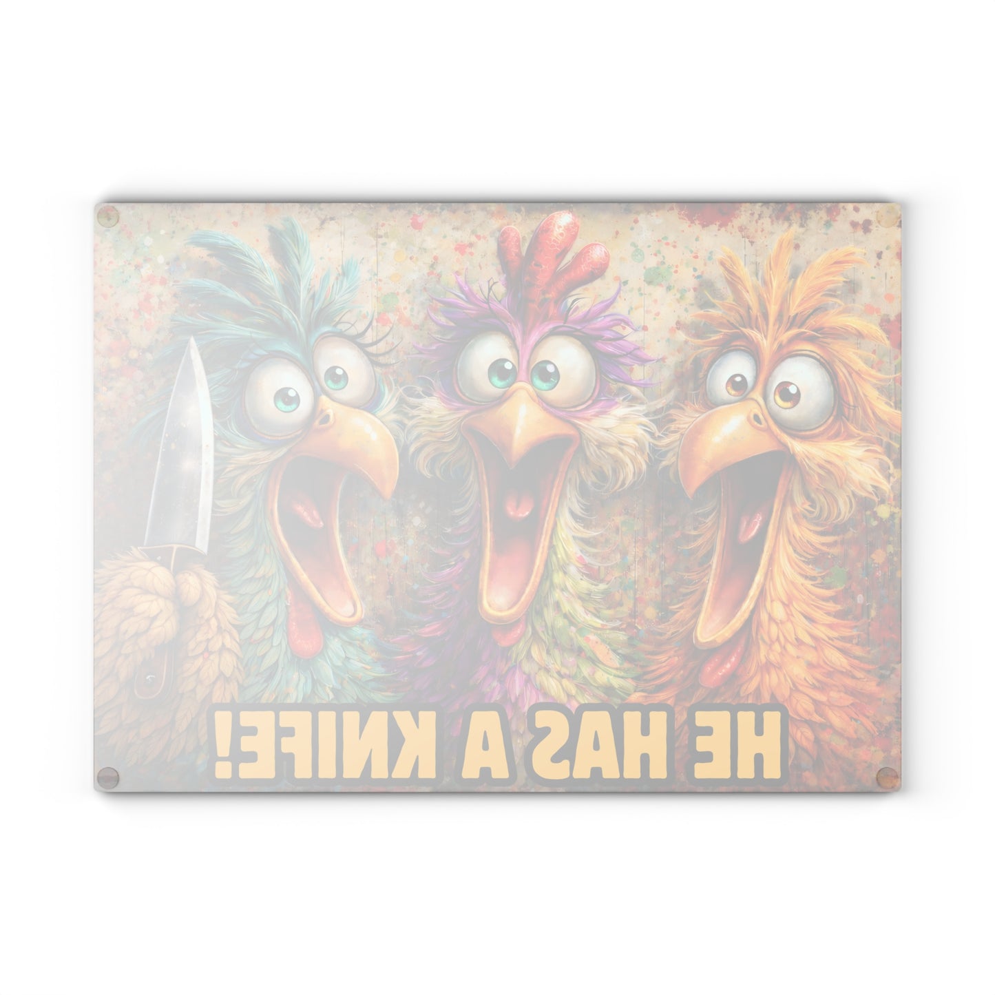 He Has a Knife! Funny Chicken Glass Cutting Board – Bold Farmhouse Kitchen Humor