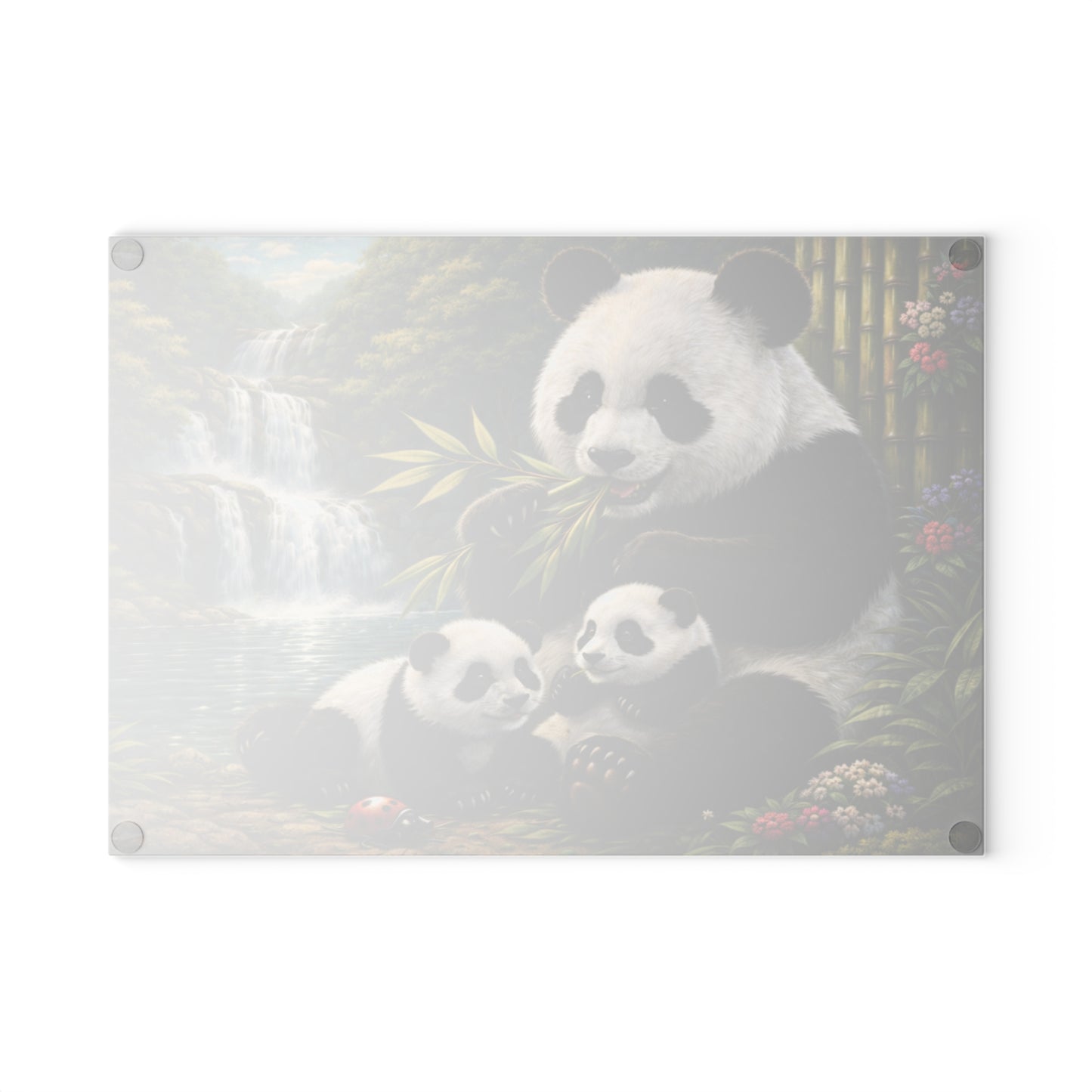 Panda Family by Waterfall Glass Cutting Board – Peaceful Bamboo Forest Wildlife Artwork