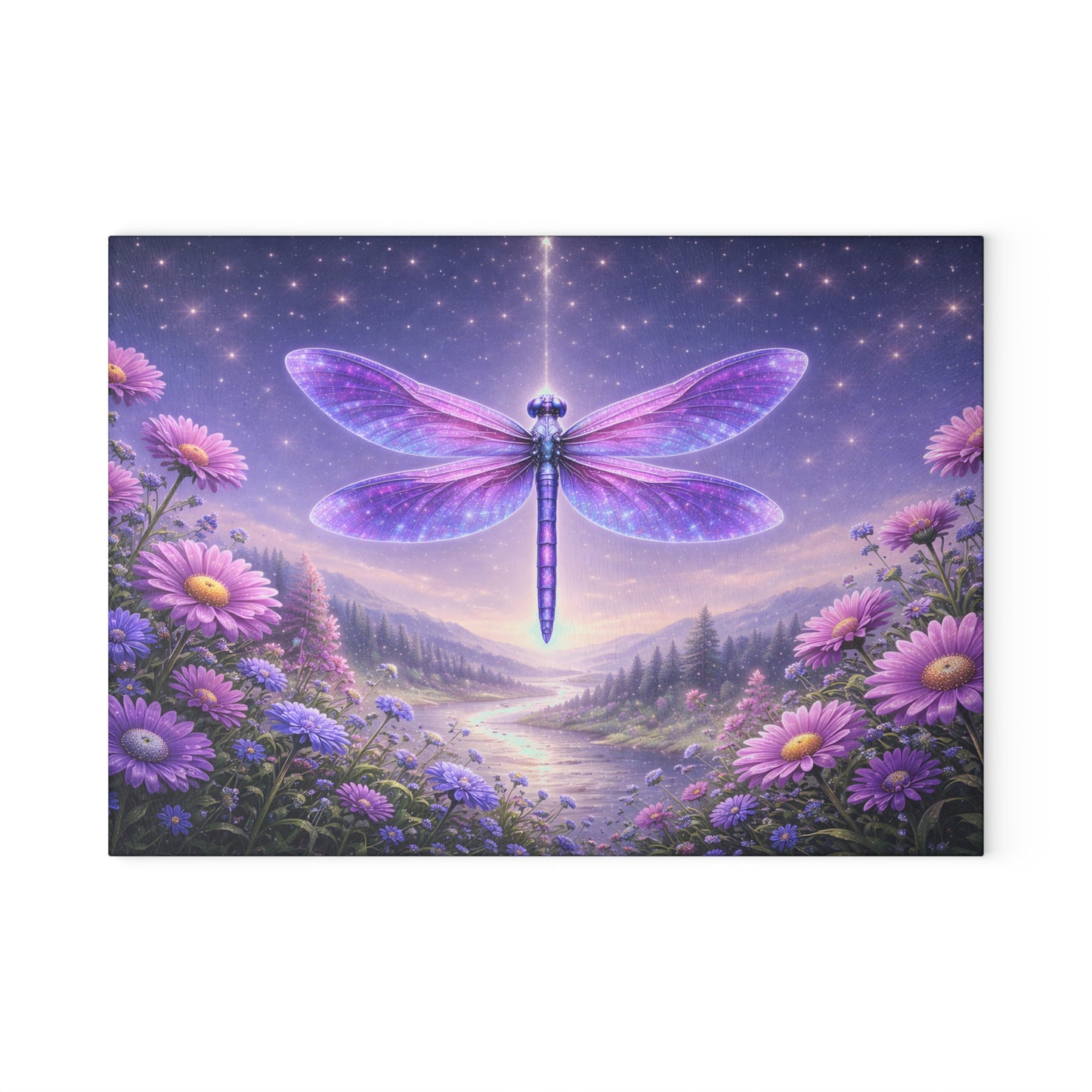 Celestial Dragonfly Glass Cutting Board – Purple Fantasy Floral Night Sky Kitchen Display