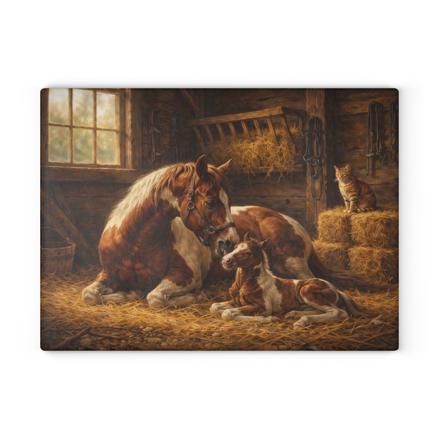 Mother Horse and Foal Barn Scene Glass Cutting Board – Rustic Farmhouse Kitchen Decor with Country Stable Artwork