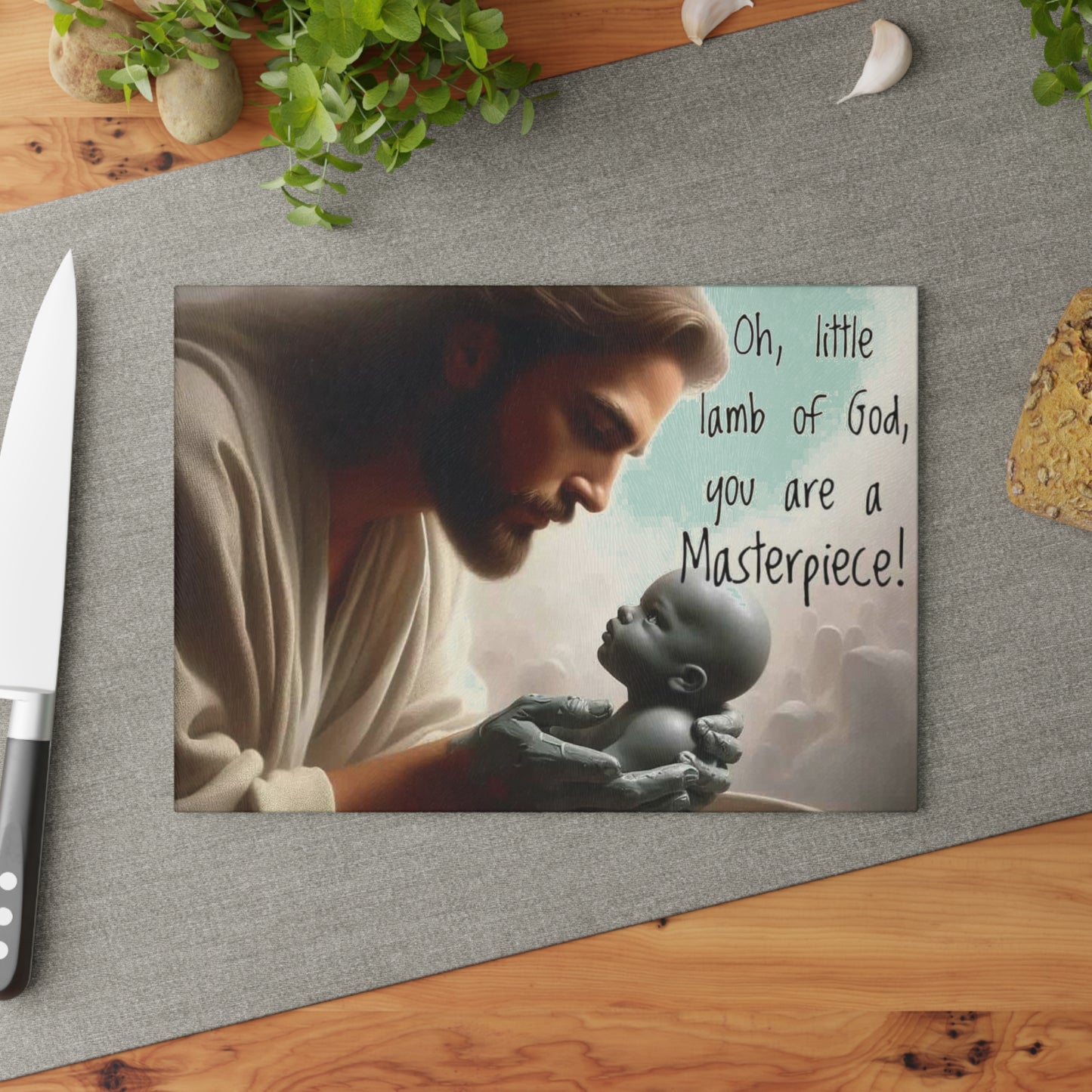 🤍 Oh, Little Lamb of God – “You Are a Masterpiece!” Faith Cutting Board