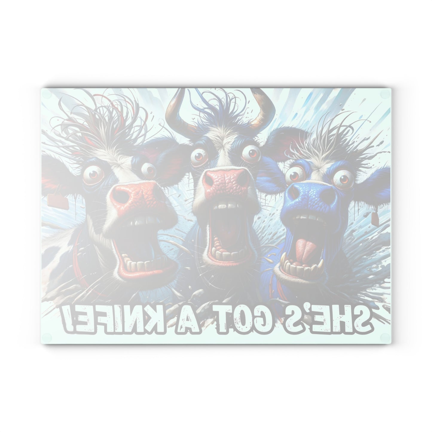 🐮🔪 “She’s Got a Knife!” Glass Cutting Board – Hilarious Farmhouse Horror Vibes