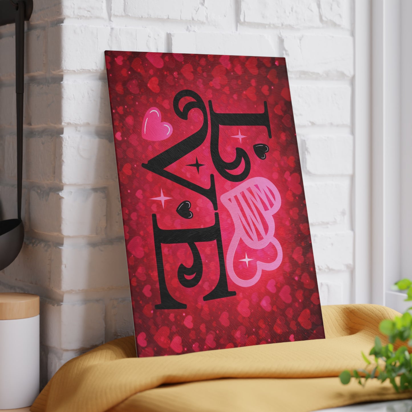 LOVE Heart Typography Glass Cutting Board – Romantic Red Heart Design for Meaningful Home Decor
