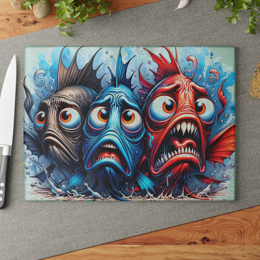 🐟😂 “Comic Fish Trio” Glass Cutting Board – Splashy Fun for Your Kitchen