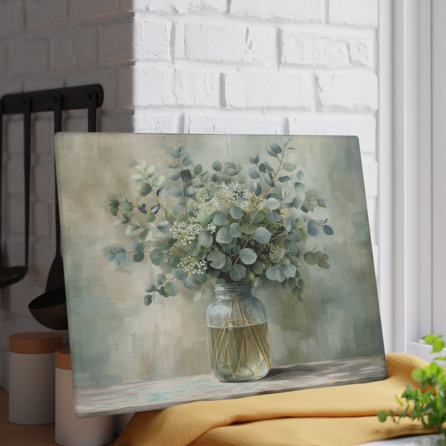 Eucalyptus Mason Jar Glass Cutting Board – Farmhouse Botanical Kitchen Decor