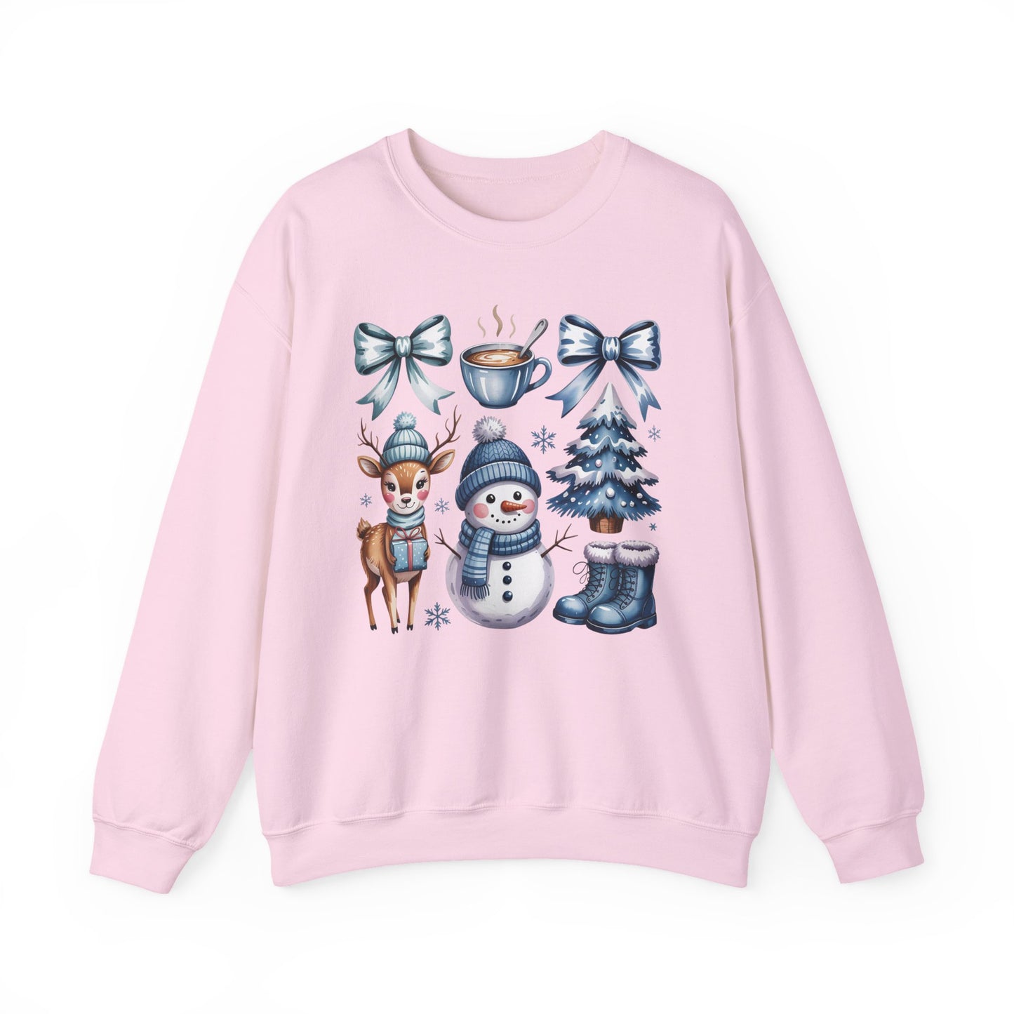 ❄️💙 Cozy Winter Vibes Crewneck – Reindeer, Snowman, Cocoa & Bows