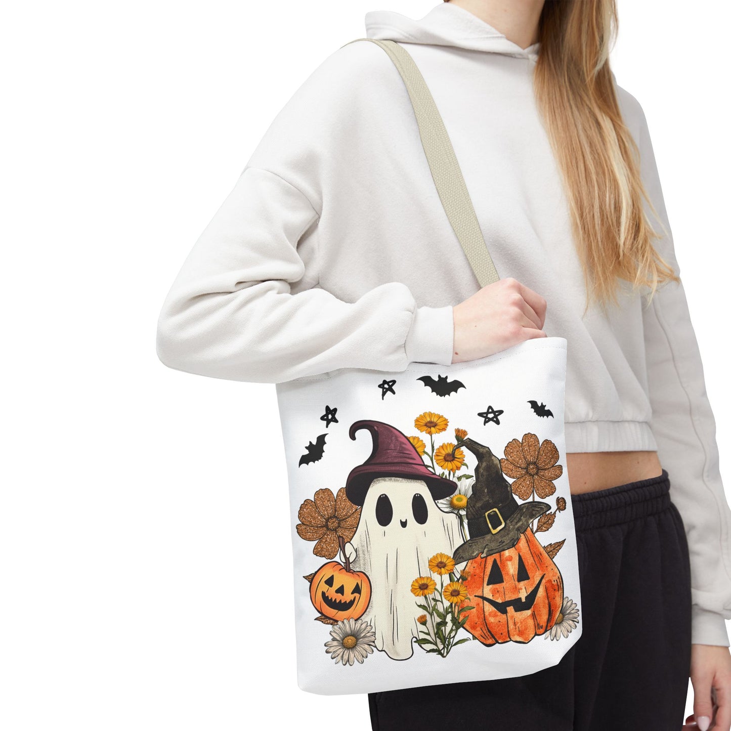 🎃 Ghost & Pumpkin Floral Tote Bag – Whimsical Halloween Charm 👻👜
