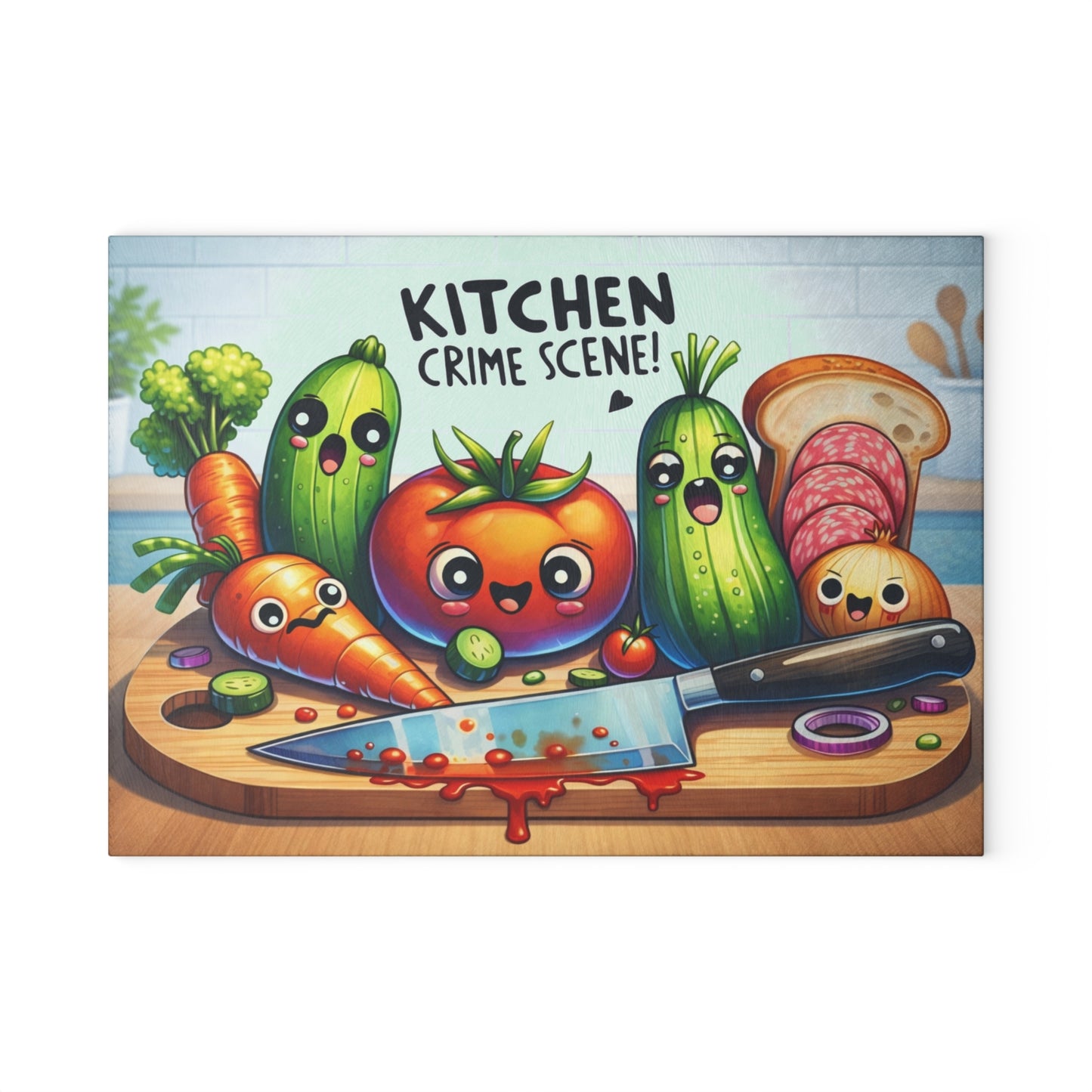 Kitchen Crime Scene Glass Cutting Board – Funny Vegetable Cartoon Kitchen Decor