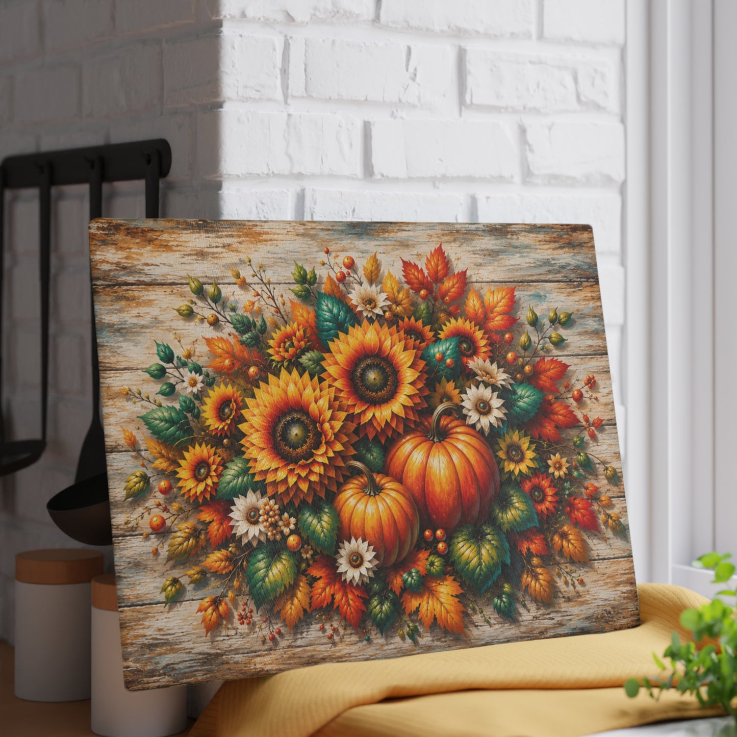 Autumn Sunflower & Pumpkin Glass Cutting Board – Rustic Fall Harvest Kitchen Decor