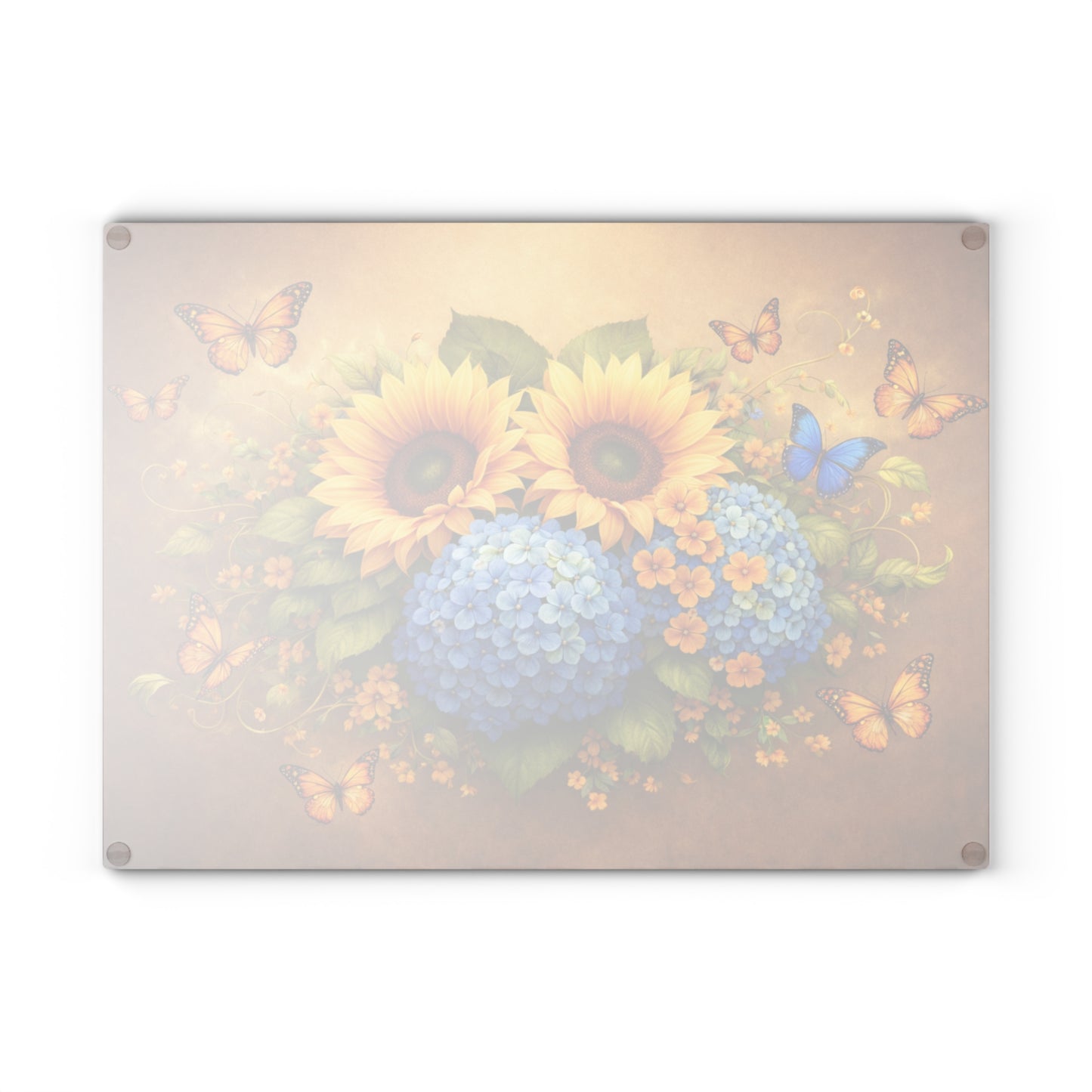 Sunflower & Hydrangea Butterfly Glass Cutting Board – Bright Floral Garden Kitchen Display