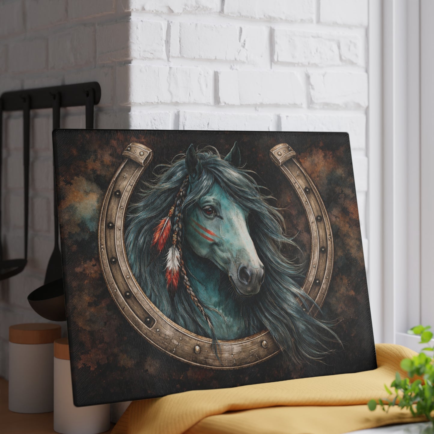 Spirit Horse Horseshoe Glass Cutting Board – Western Equine Art with Rustic Strength