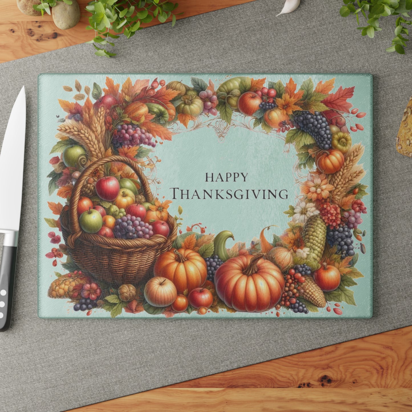 🧺🍂 Happy Thanksgiving Harvest Basket Glass Cutting Board – Warm Autumn Elegance for Your Kitchen ✨🦃