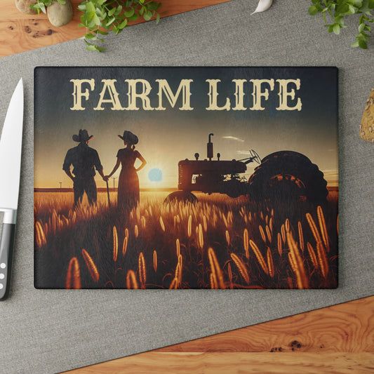 Farm Life Glass Cutting Board – Rustic Countryside Kitchen Art