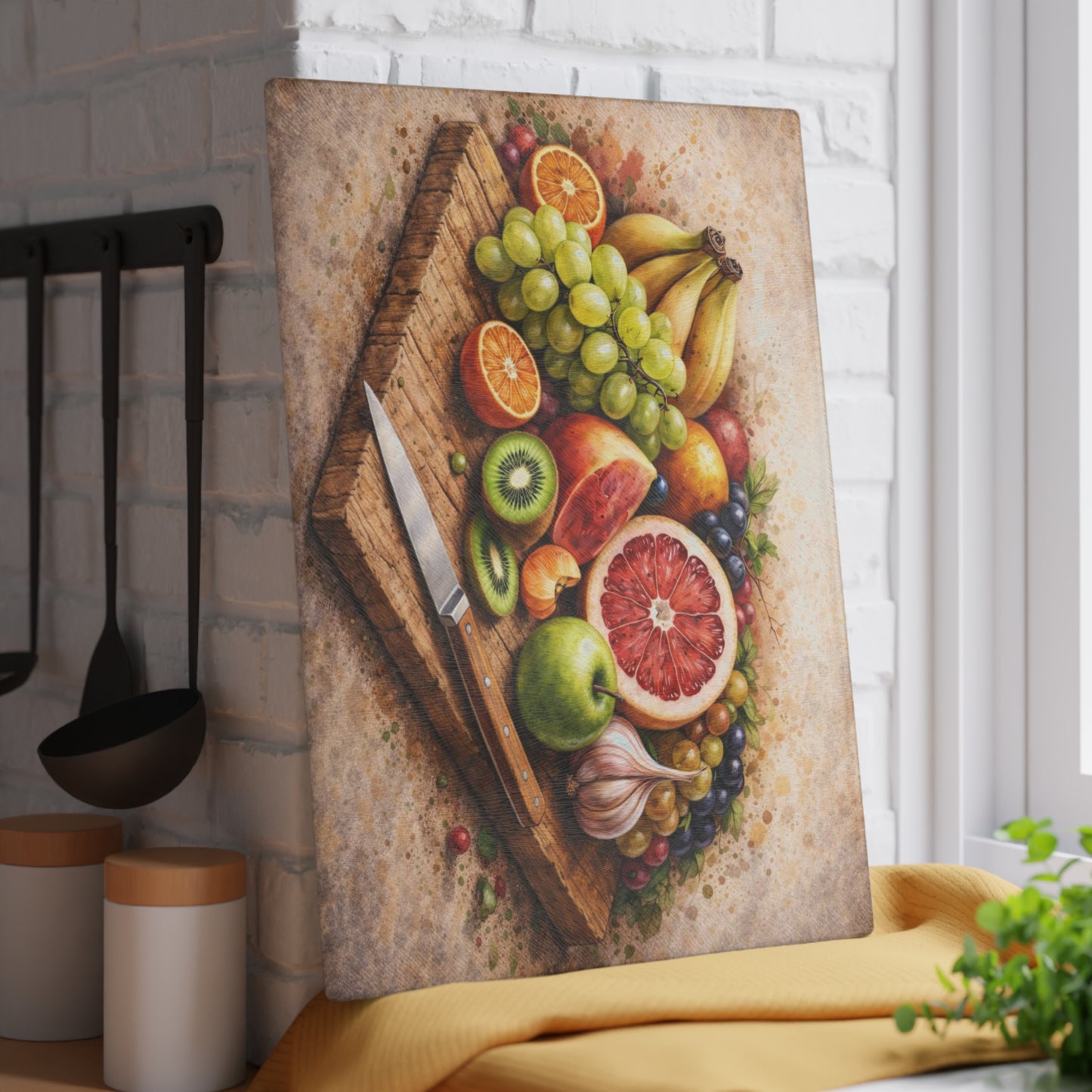Rustic Fruit Harvest Glass Cutting Board – Vintage Farmhouse Kitchen Art