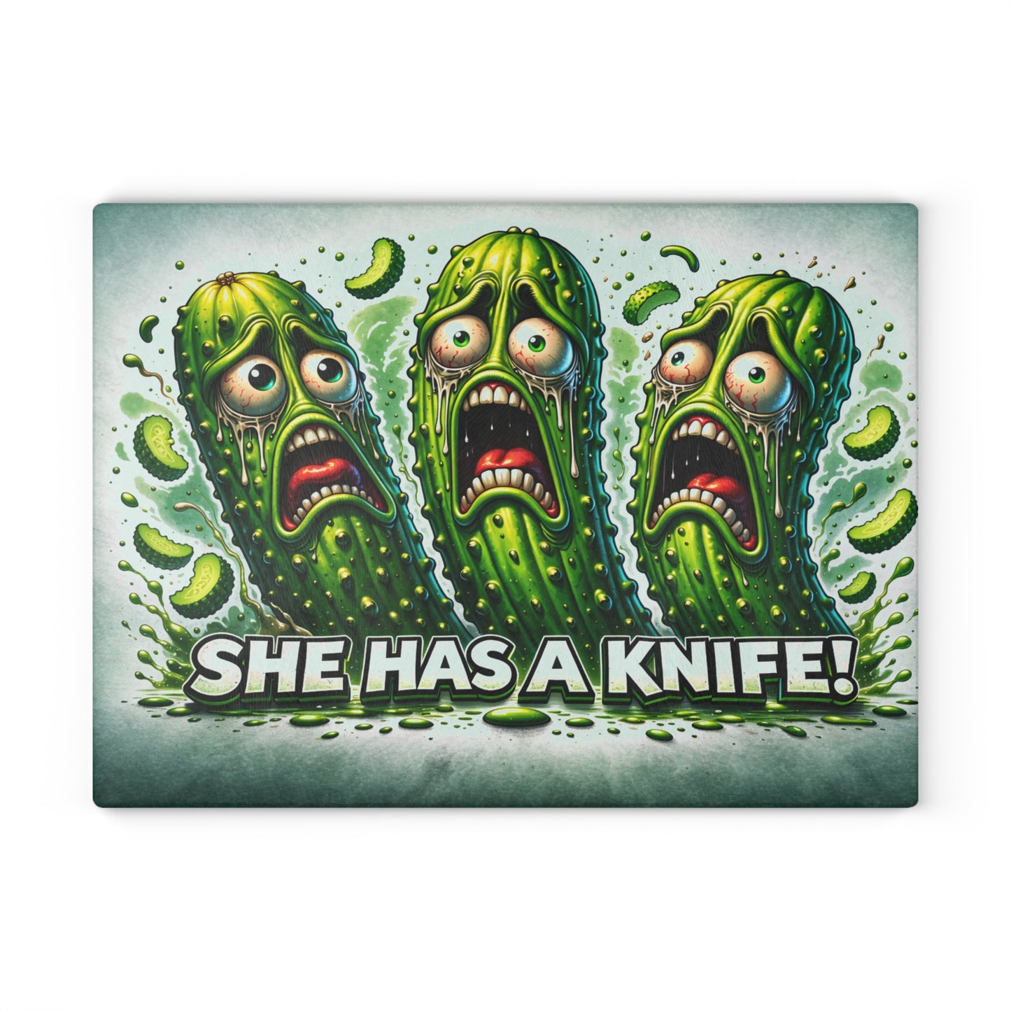 She Has a Knife! Glass Cutting Board – Pickle Panic Funny Kitchen Decor