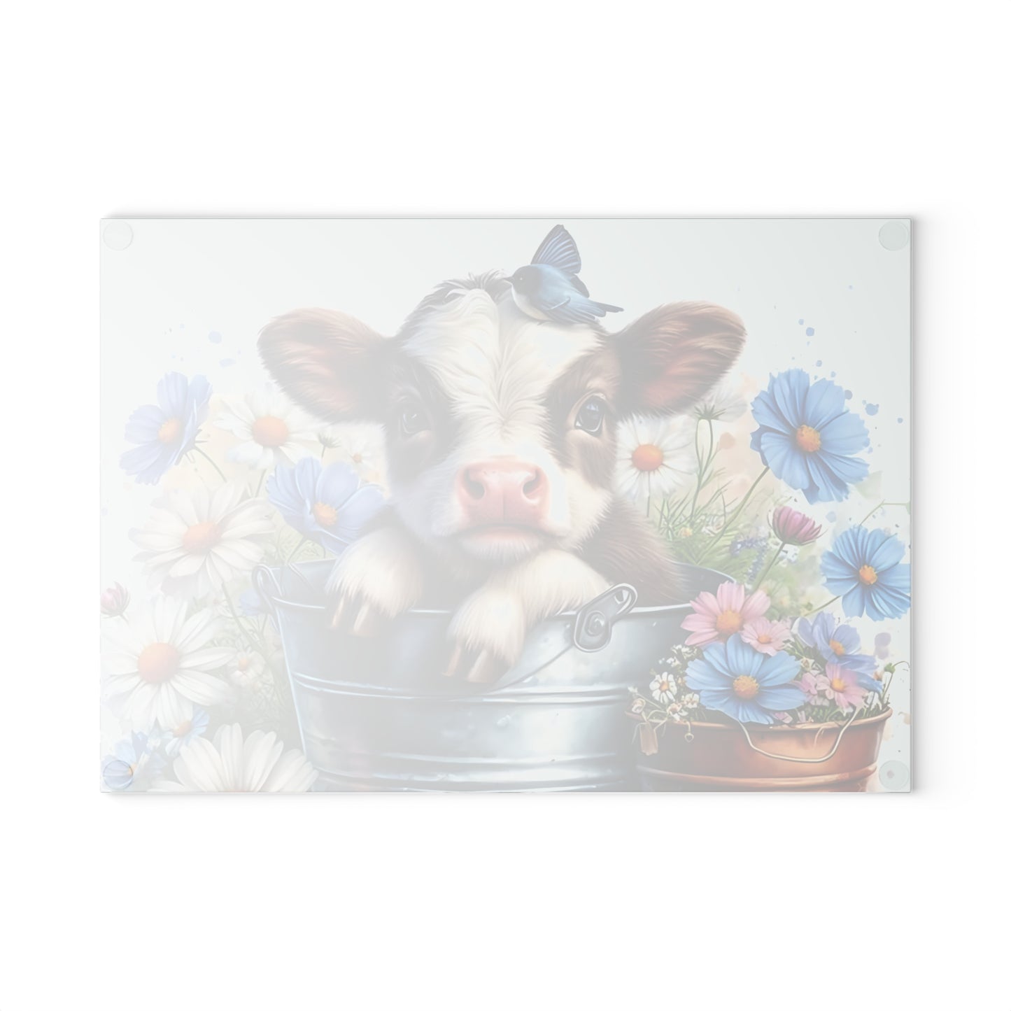 🐮 Baby Cow in Bucket with Blue Daisies Cutting Board – Farmhouse Charm for Your Kitchen 🌼