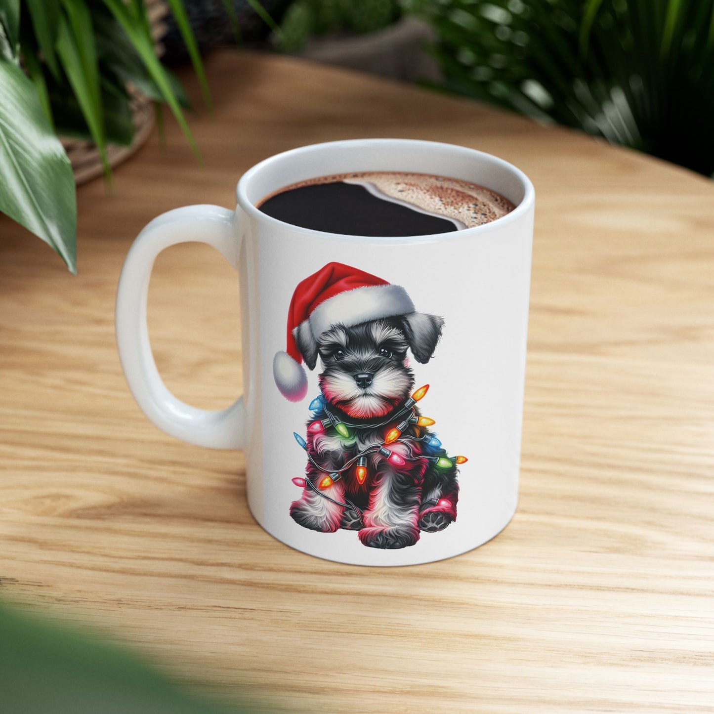 🎄 Miniature Schnauzer Christmas Mug – Holiday Cheer with a Pup in Lights 🐾