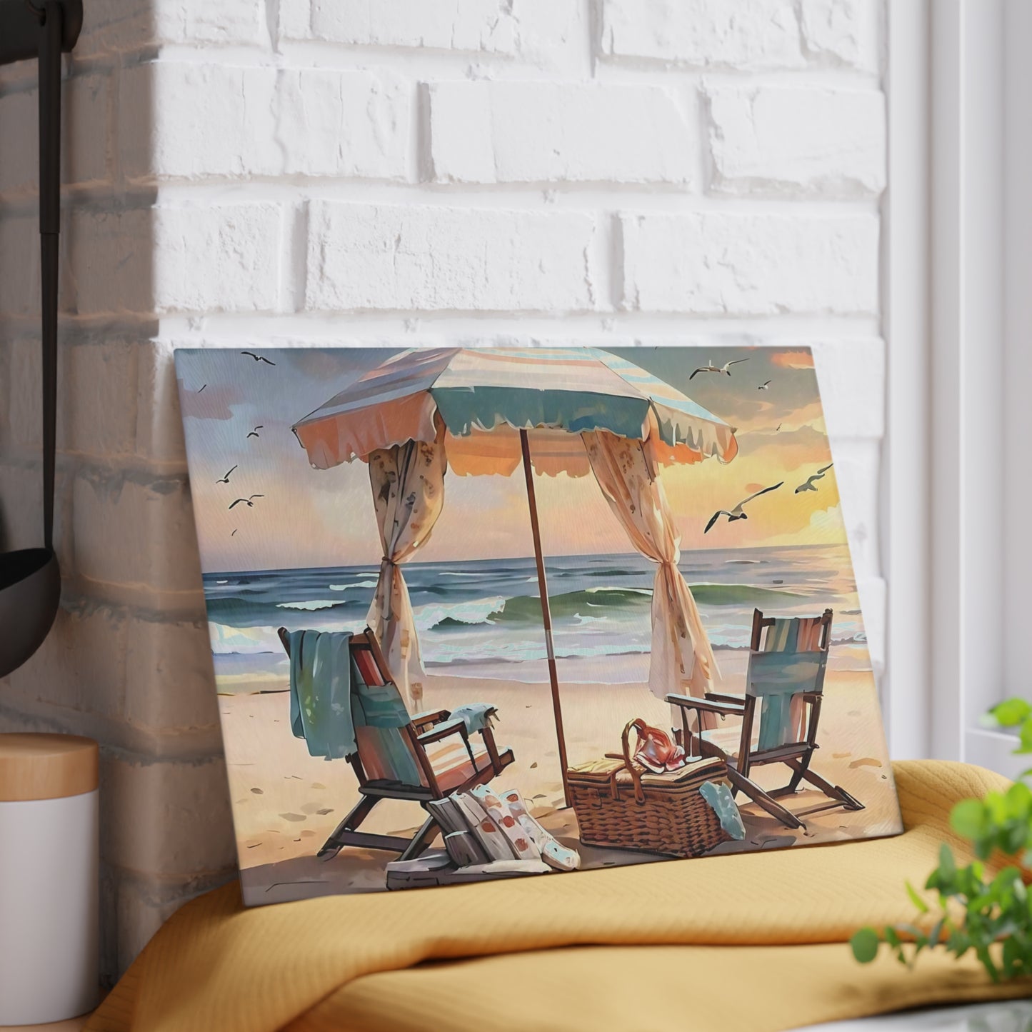 Beach Cutting Board, Coastal Decor, Ocean Art, Beach Gift, Glass Cutting Board, Tropical Kitchen Decor, Hand-Painted Look, Beach Scene