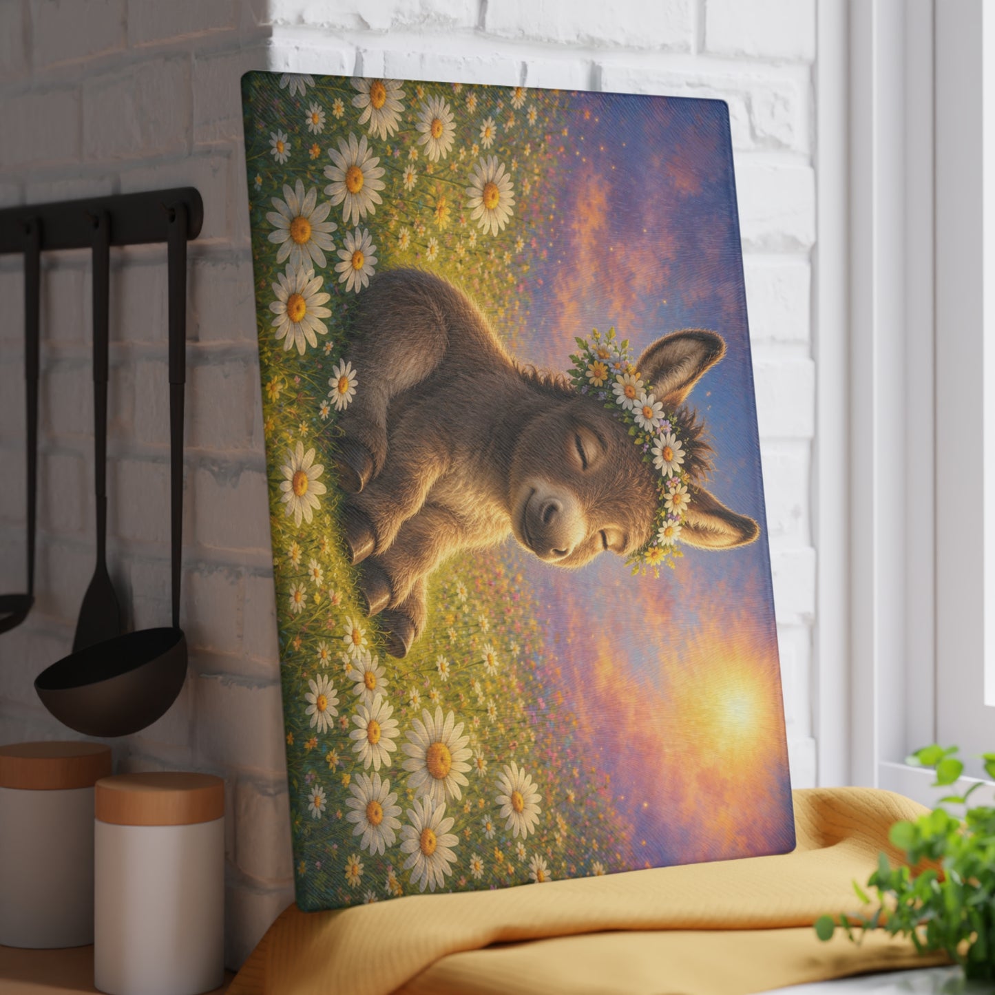 Baby Donkey in Daisy Field Glass Cutting Board – Adorable Farm Animal Kitchen Decor with Floral Meadow Artwork