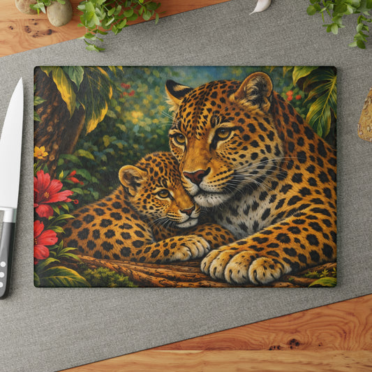 Leopard Mother and Cub Glass Cutting Board – Jungle Wildlife Family Artwork
