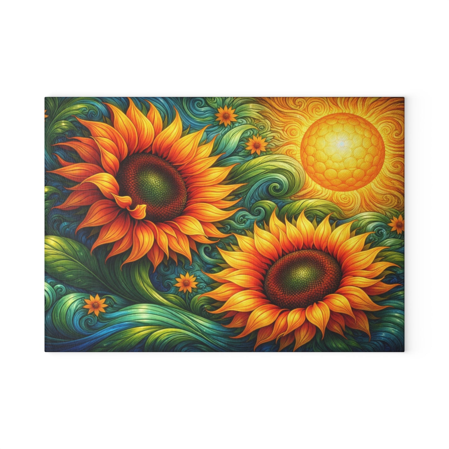 Sunflower Swirl Glass Cutting Board – Vibrant Farmhouse Kitchen Decor