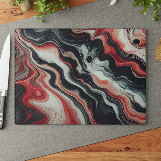 Tabla de cortar de vidrio con diseño de mármol rojo, negro y blanco: decoración de cocina moderna inspirada en el mármol, un regalo elegante y funcional.