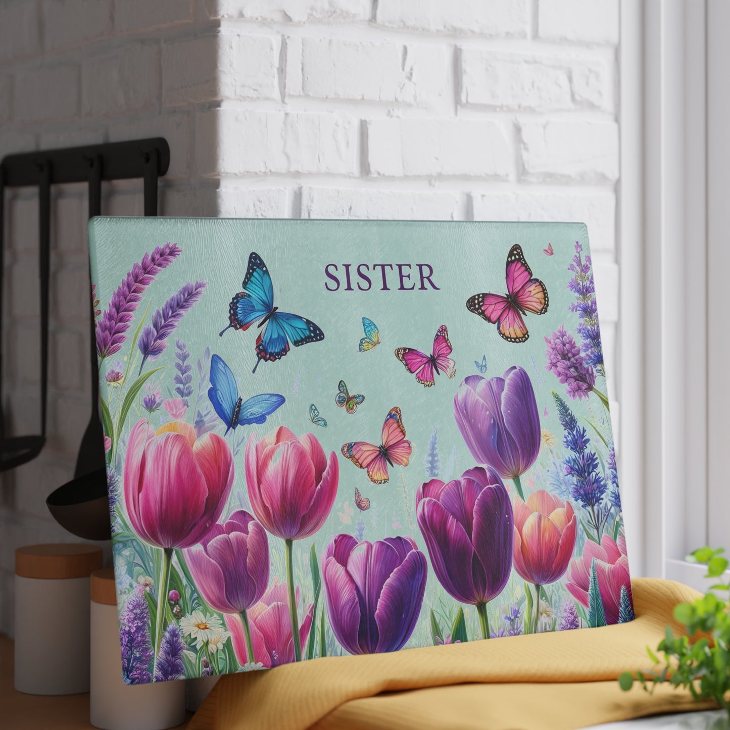 🦋 Sister Butterfly & Tulip Cutting Board – Floral Elegance for Her Kitchen 🌷