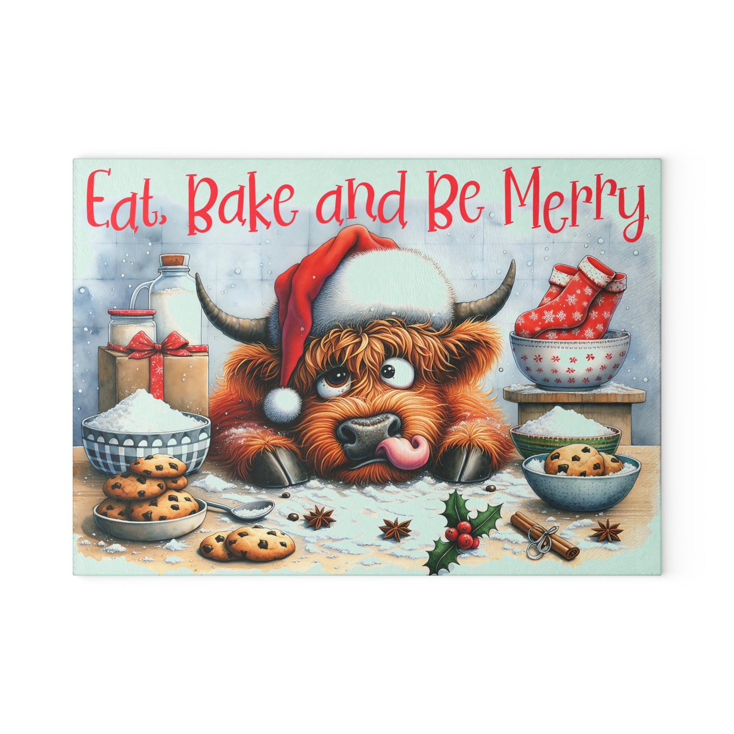 Eat, Bake and Be Merry Highland Cow Cutting Board – Festive Christmas Kitchen Cheer
