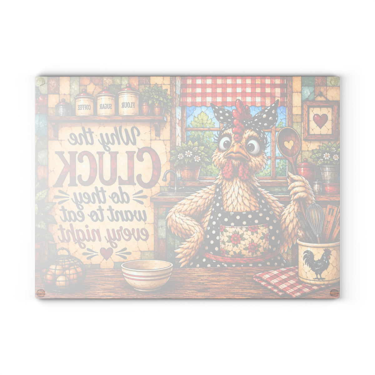Stained-Glass-Inspired Funny Chicken Cutting Board – Why the Cluck Do They Want to Eat Every Night? Farmhouse Kitchen Décor & Chicken Lover Gift