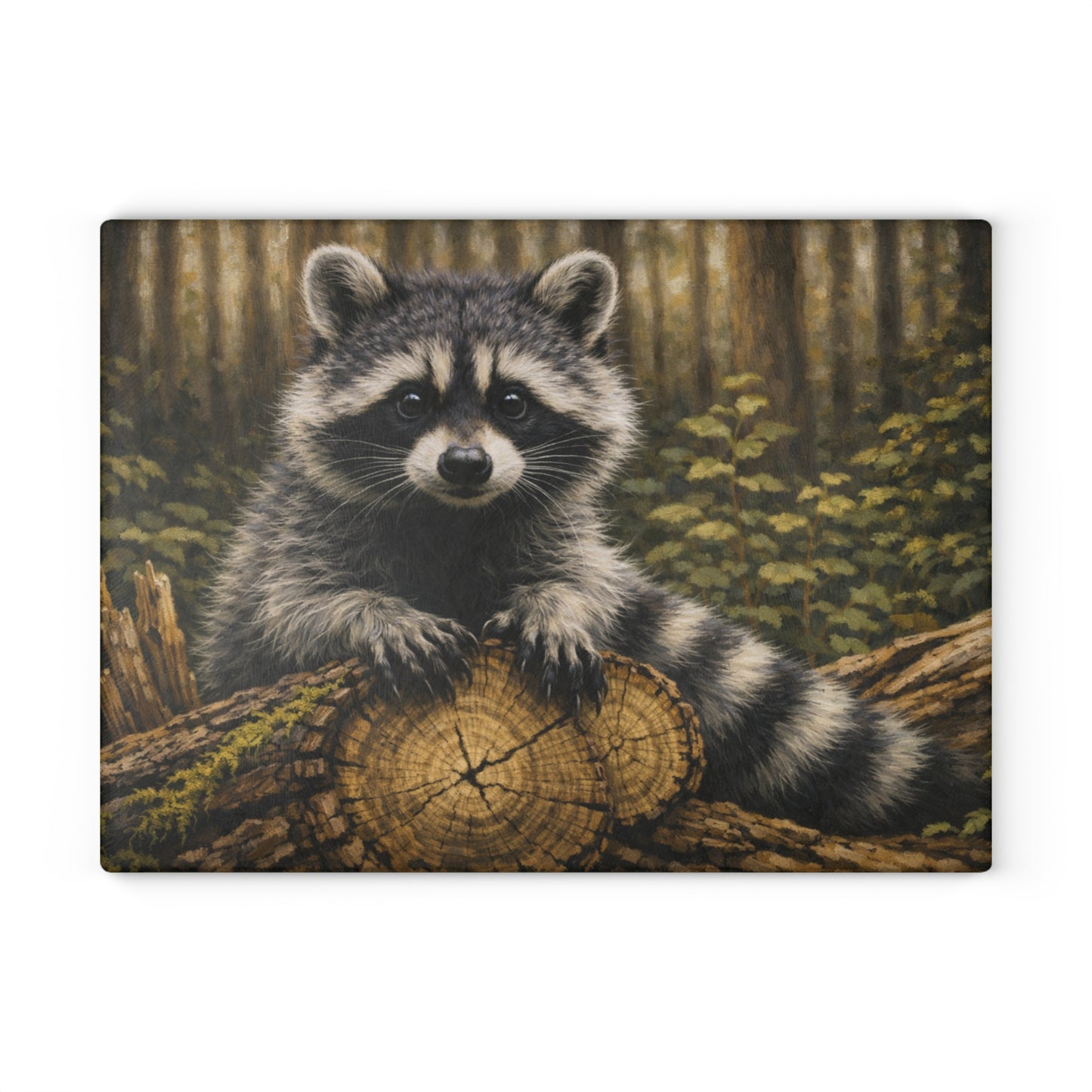 Raccoon Woodland Glass Cutting Board – Forest Wildlife Artwork