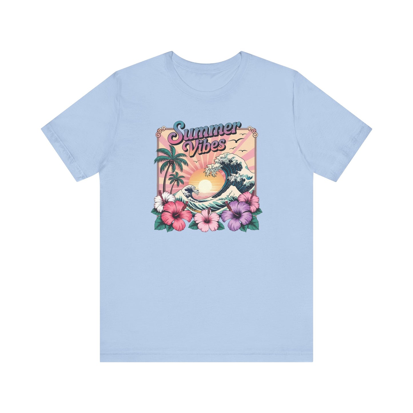 ☀️ Camiseta Summer Vibes – Ola playera vibrante, hibisco y palmeras | Camiseta gráfica para mujer