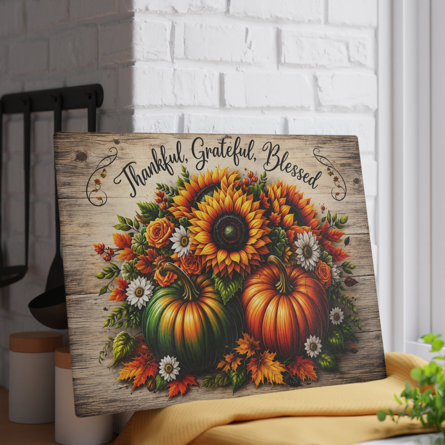 Thankful Grateful Blessed Sunflower & Pumpkin Glass Cutting Board – Fall Harvest Kitchen Decor